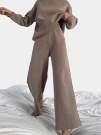Women's Knitted Roll Neck Wide-Leg Co-ord Set with Drawstring Waist - Maisie London