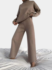 Women's Knitted Roll Neck Wide-Leg Co-ord Set with Drawstring Waist - Maisie London