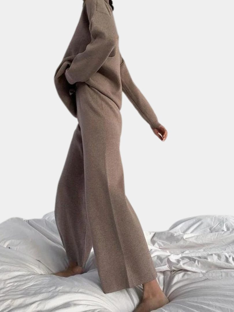Women's Knitted Roll Neck Wide-Leg Co-ord Set with Drawstring Waist - Maisie London