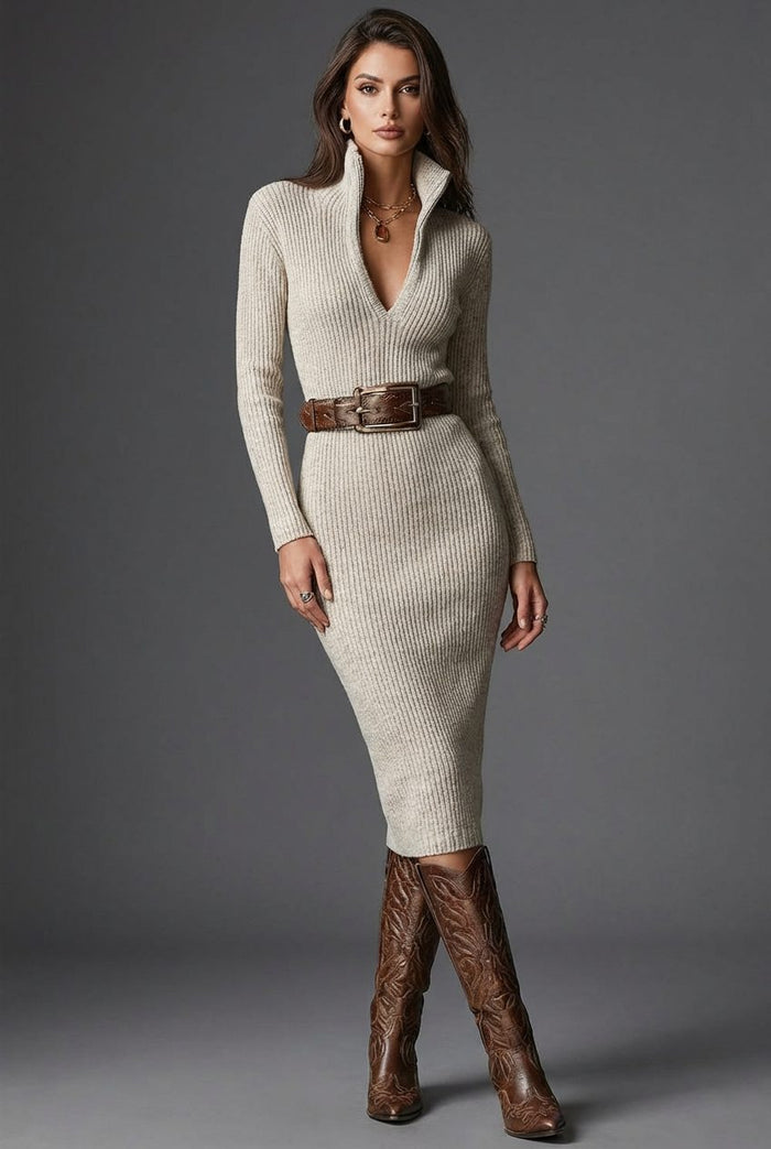 Women's Beige Ribbed Knit Midi Dress with V-Neck and Collar - Maisie London