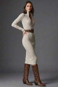 Women's Beige Ribbed Knit Midi Dress with V-Neck and Collar - Maisie London