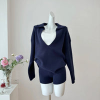 Women's Ribbed Knit Shorts Co-ord Set with Collared V-Neck Jumper - Maisie London