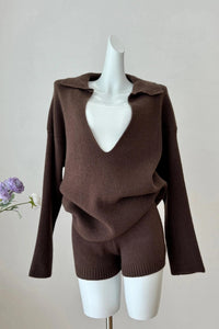 Women's Ribbed Knit Shorts Co-ord Set with Collared V-Neck Jumper - Maisie London