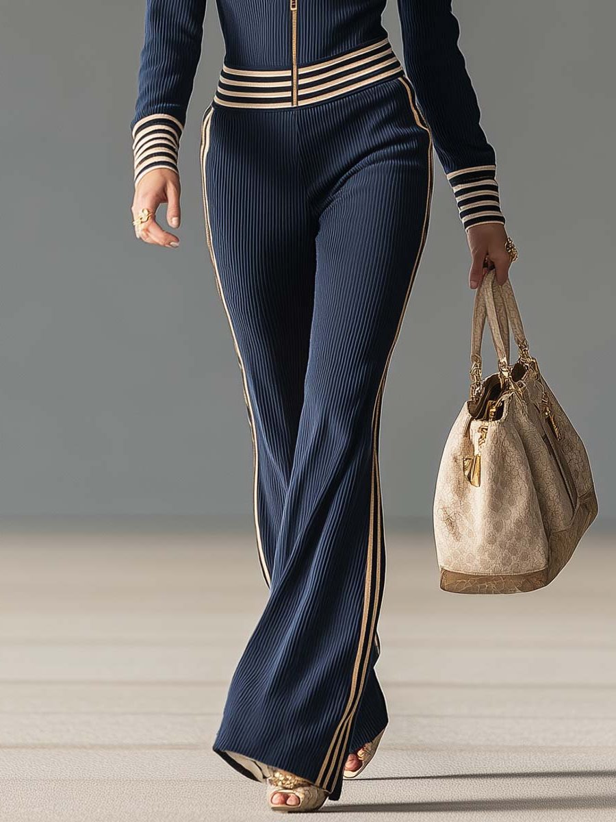 Women's Ribbed Hooded Jumpsuit with Zip Front and Flared Legs - Maisie London