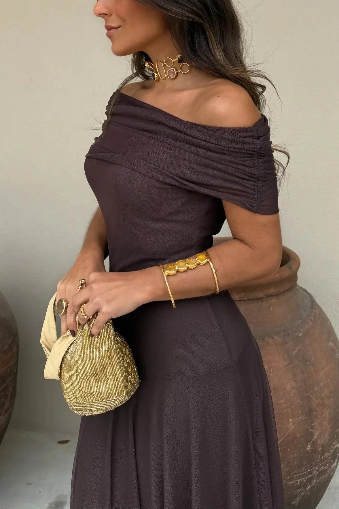 Women's Mesh One-Shoulder Maxi Dress with Pleated Skirt and Ruching - Maisie London
