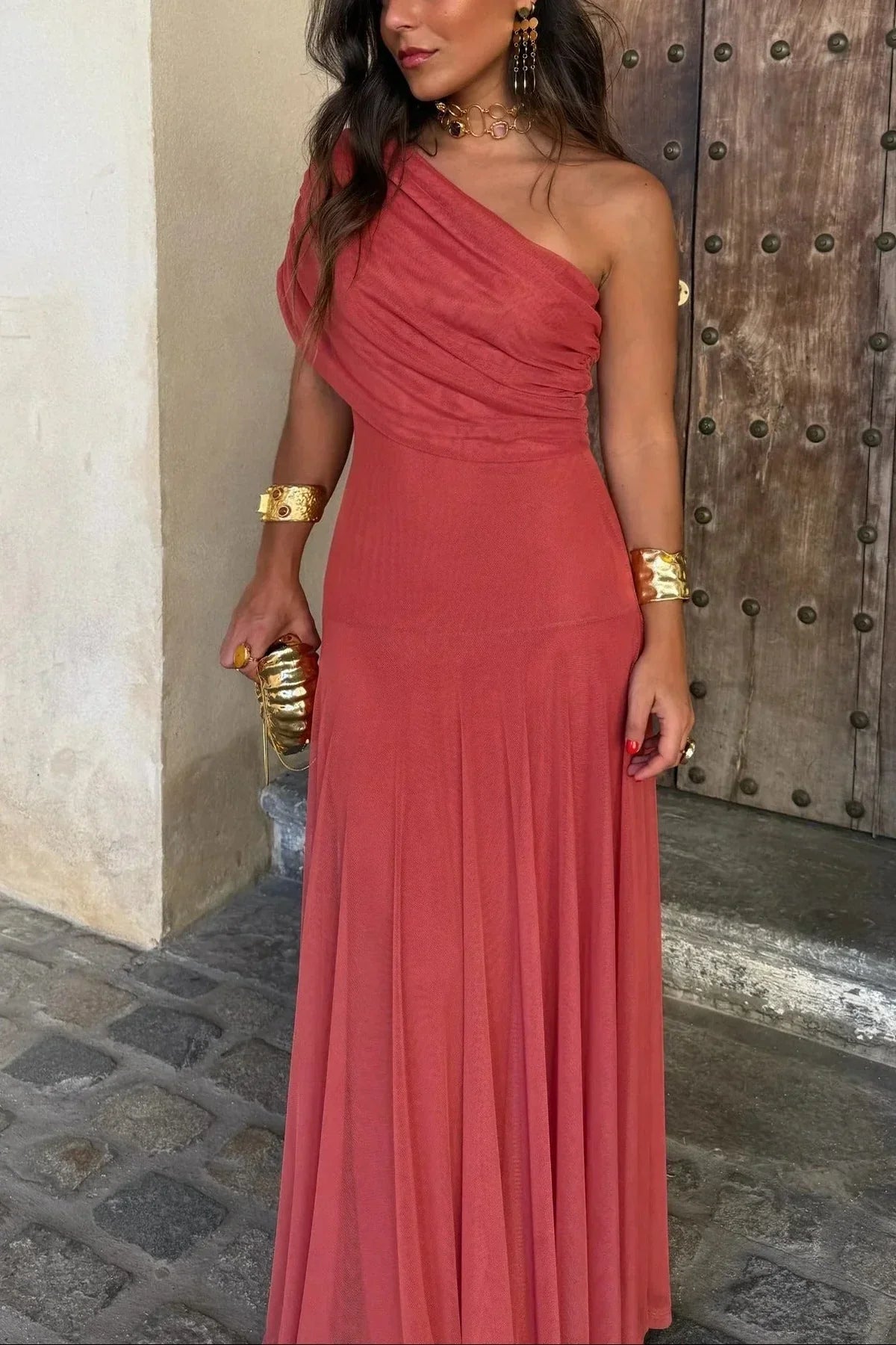 Women's Mesh One-Shoulder Maxi Dress with Pleated Skirt and Ruching - Maisie London