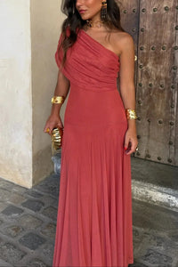 Women's Mesh One-Shoulder Maxi Dress with Pleated Skirt and Ruching - Maisie London