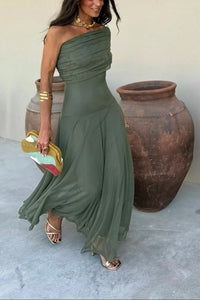 Women's Mesh One-Shoulder Maxi Dress with Pleated Skirt and Ruching - Maisie London