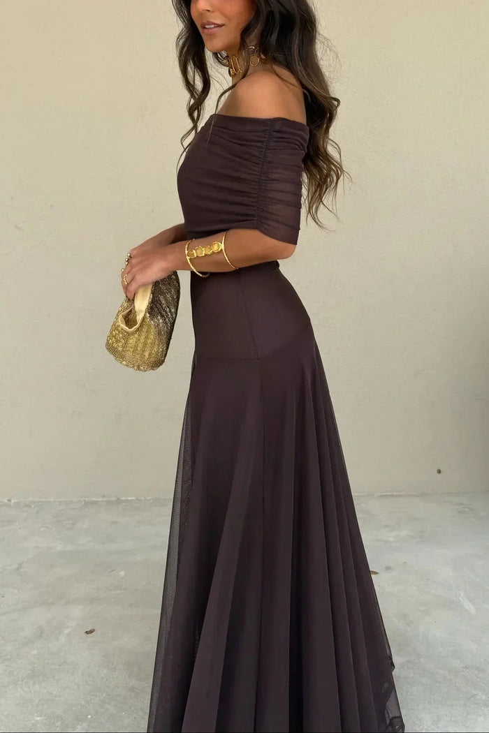 Women's Mesh One-Shoulder Maxi Dress with Pleated Skirt and Ruching - Maisie London