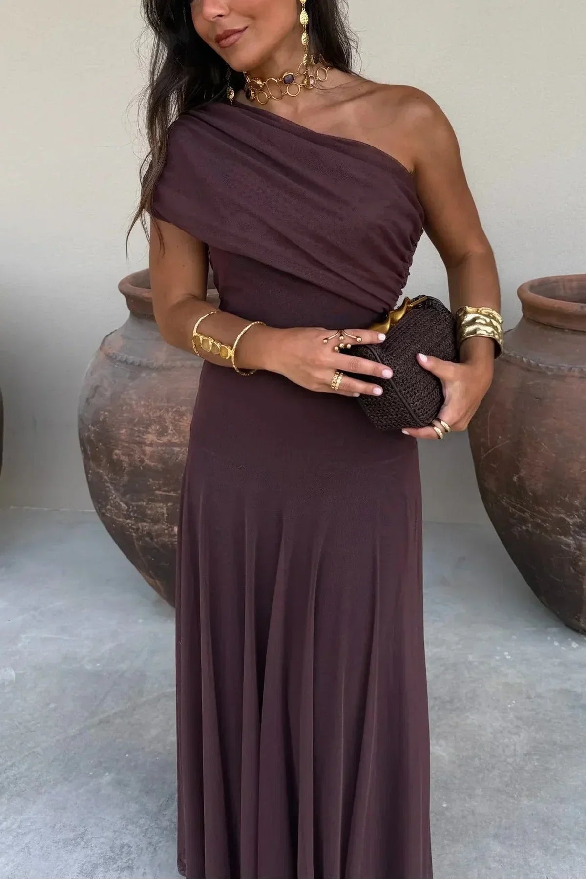 Women's Mesh One-Shoulder Maxi Dress with Pleated Skirt and Ruching - Maisie London
