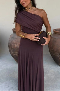 Women's Mesh One-Shoulder Maxi Dress with Pleated Skirt and Ruching - Maisie London