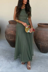 Women's Mesh One-Shoulder Maxi Dress with Pleated Skirt and Ruching - Maisie London