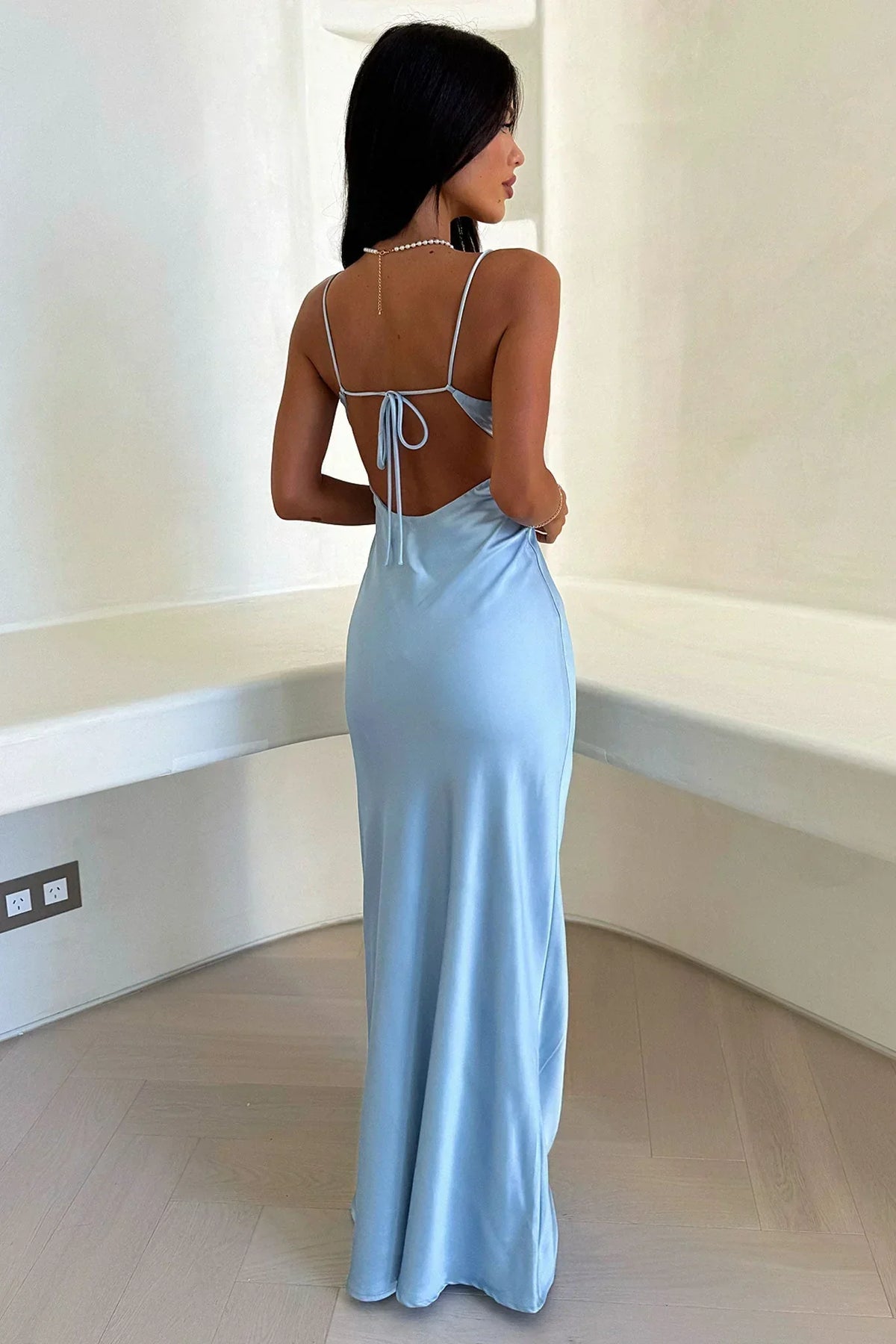 Women's Blue Satin Maxi Dress with V-Neck and Tie Back - Maisie London