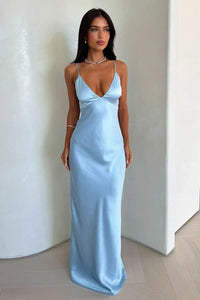 Women's Blue Satin Maxi Dress with V-Neck and Tie Back - Maisie London