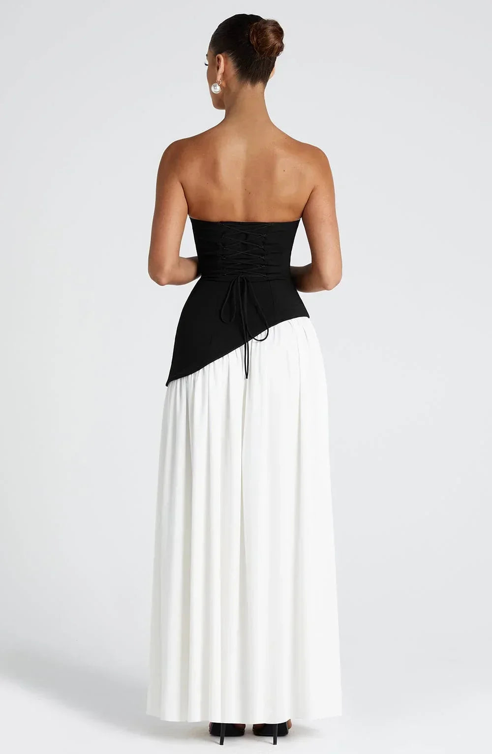 Women's Crepe Strapless Maxi Dress with Halter Tie and High Split - Maisie London