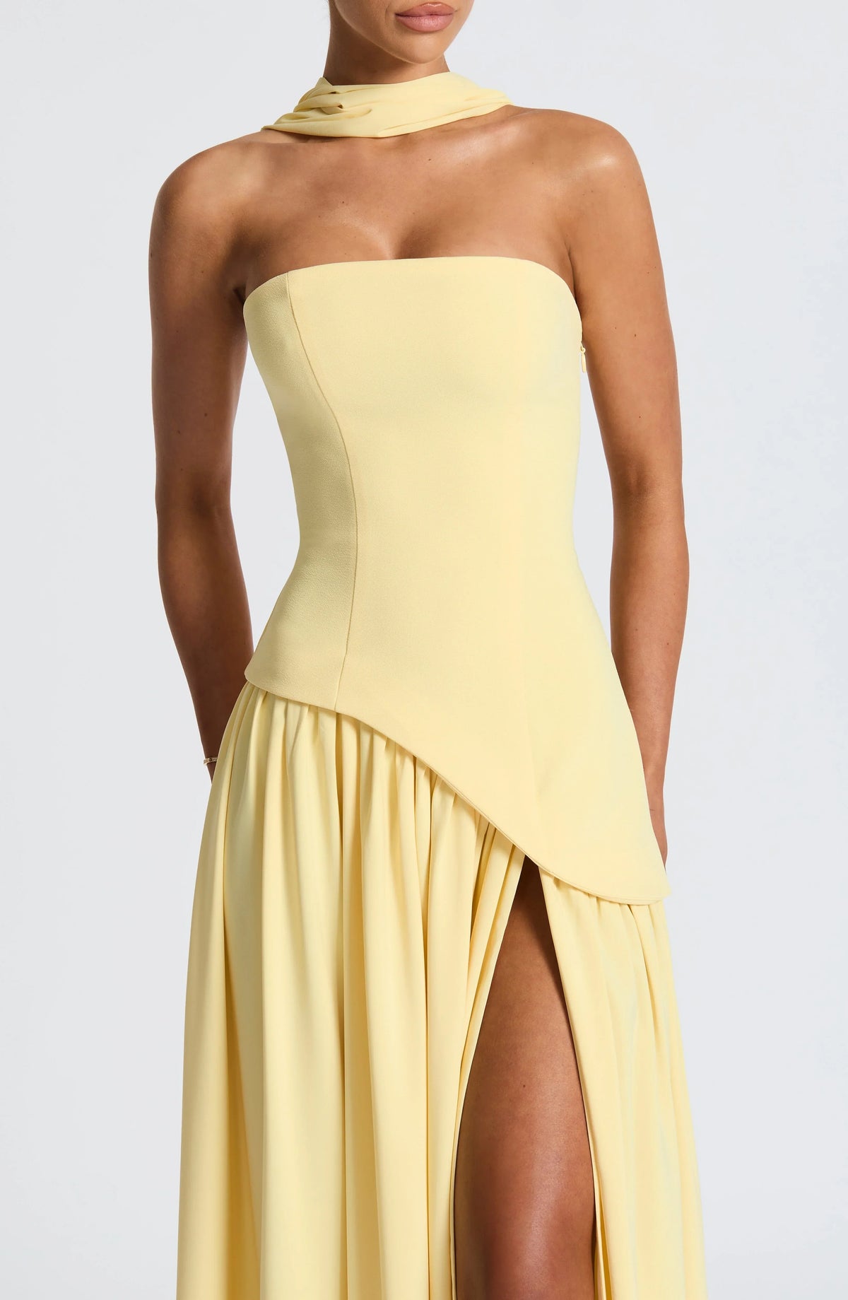 Women's Crepe Strapless Maxi Dress with Halter Tie and High Split - Maisie London