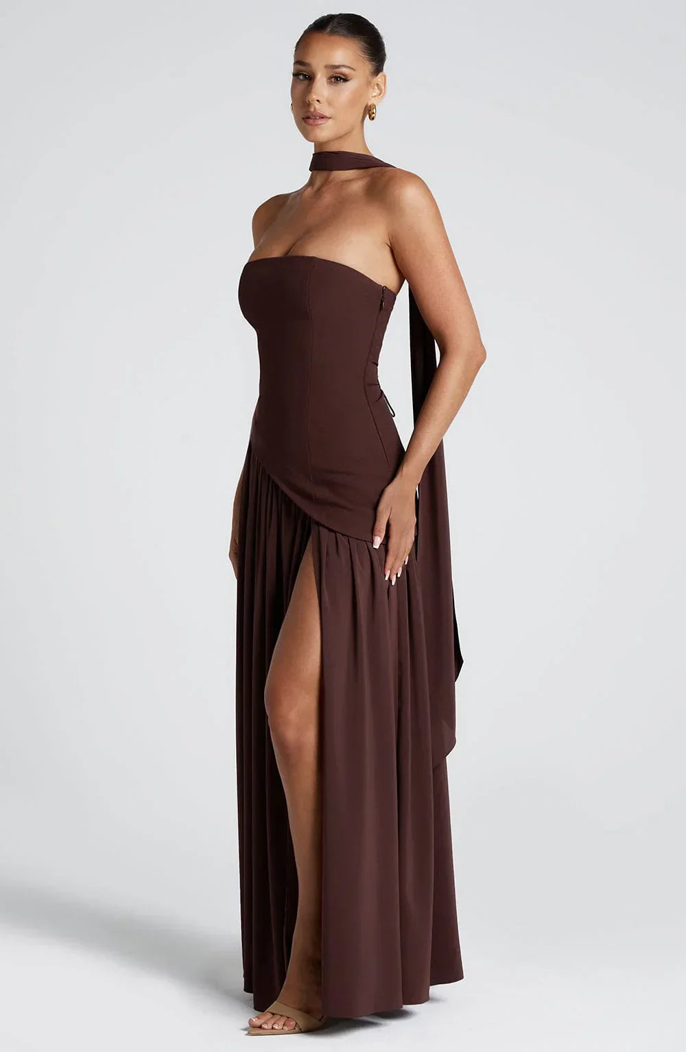 Women's Crepe Strapless Maxi Dress with Halter Tie and High Split - Maisie London