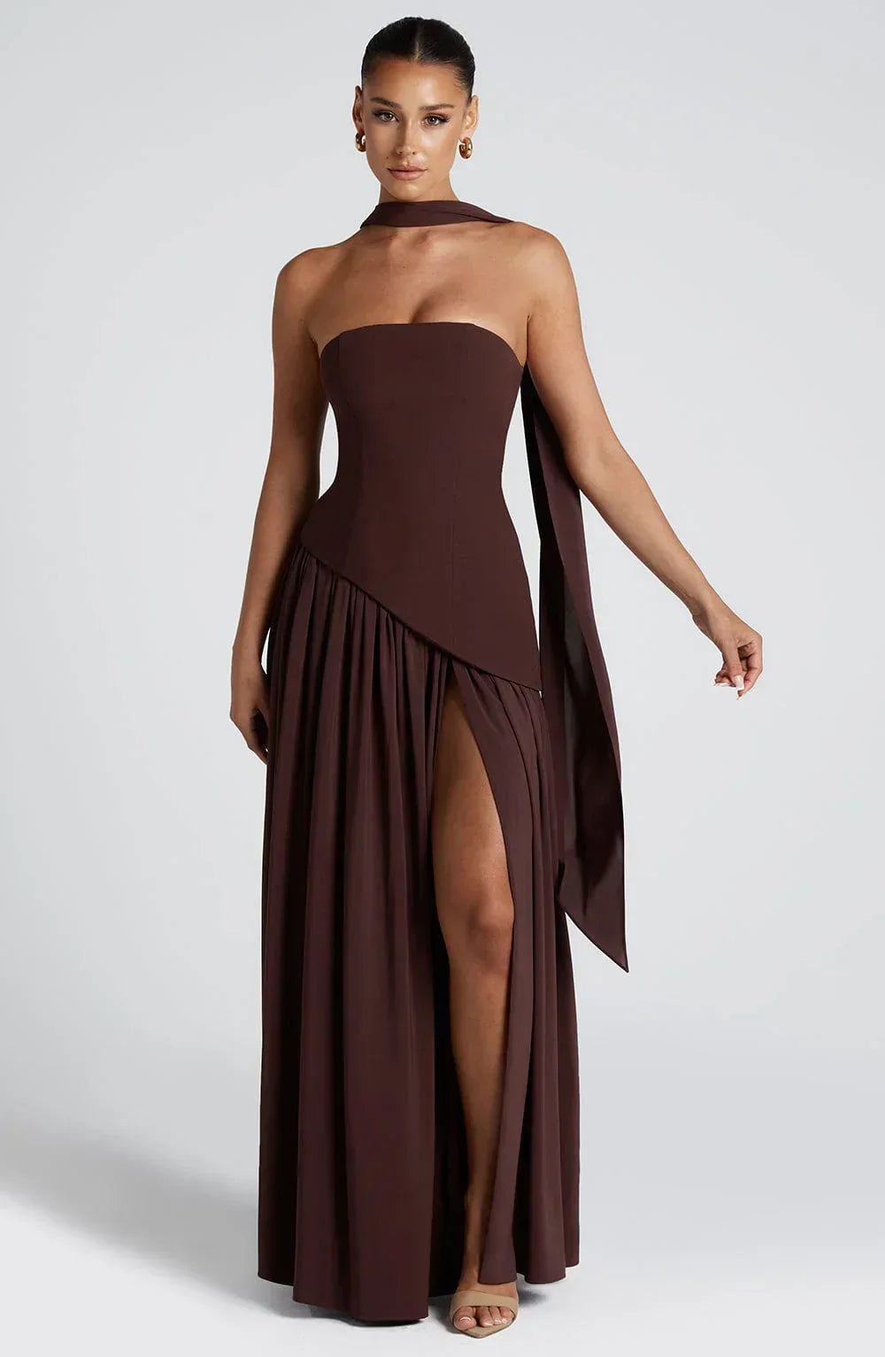 Women's Crepe Strapless Maxi Dress with Halter Tie and High Split - Maisie London