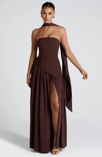 Women's Crepe Strapless Maxi Dress with Halter Tie and High Split - Maisie London