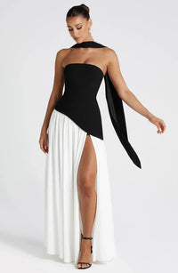 Women's Crepe Strapless Maxi Dress with Halter Tie and High Split - Maisie London