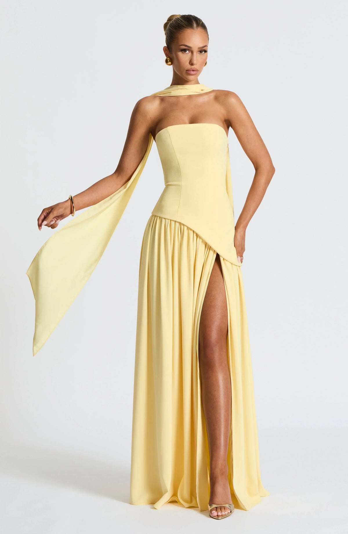 Women's Crepe Strapless Maxi Dress with Halter Tie and High Split - Maisie London