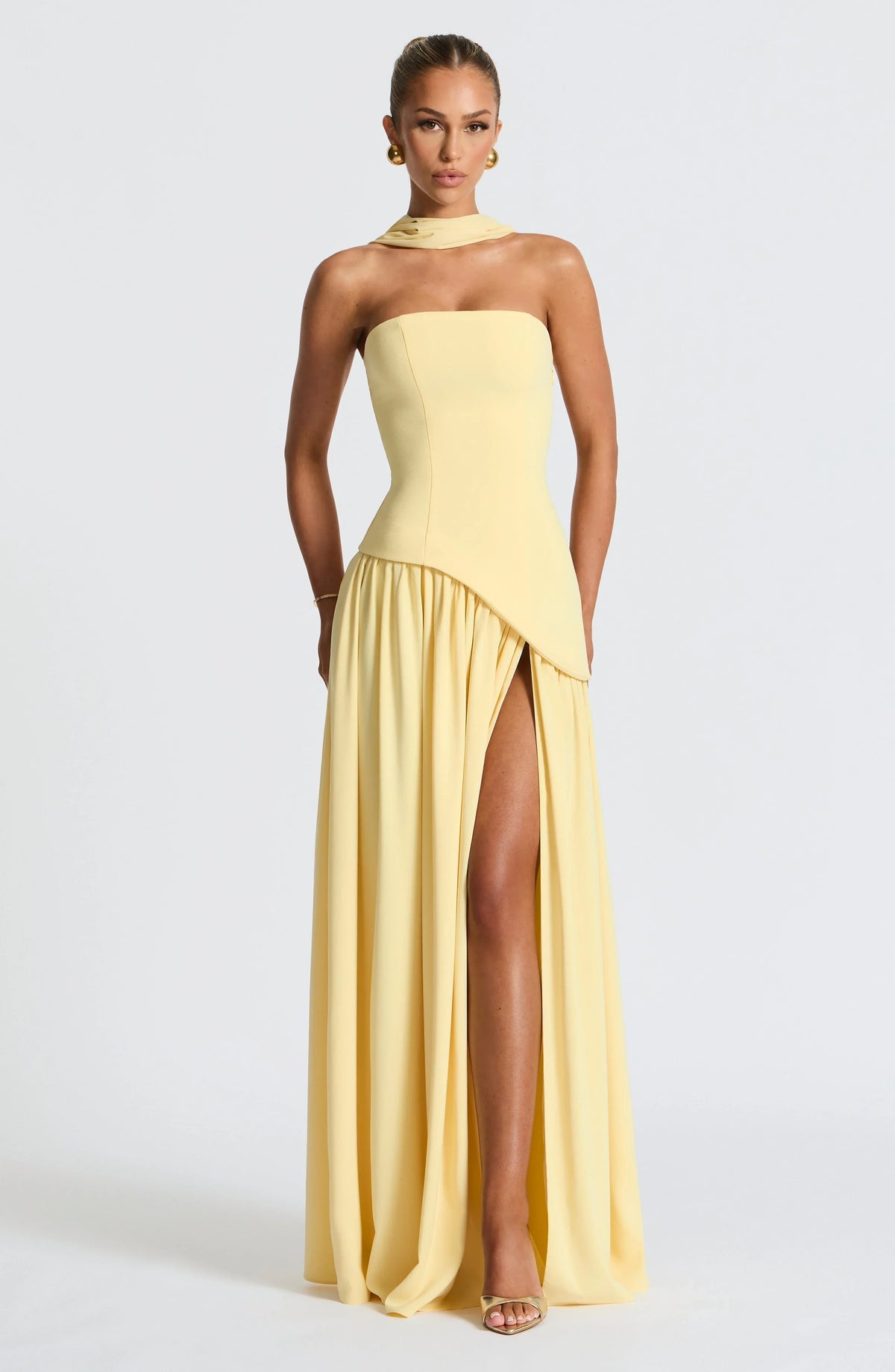 Women's Crepe Strapless Maxi Dress with Halter Tie and High Split - Maisie London