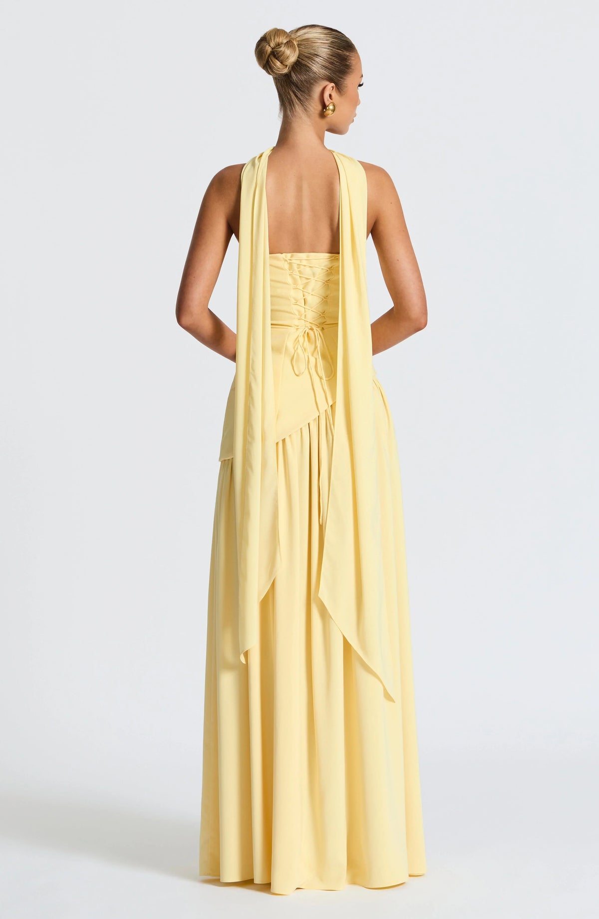 Women's Crepe Strapless Maxi Dress with Halter Tie and High Split - Maisie London
