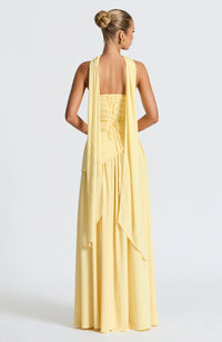 Women's Crepe Strapless Maxi Dress with Halter Tie and High Split - Maisie London