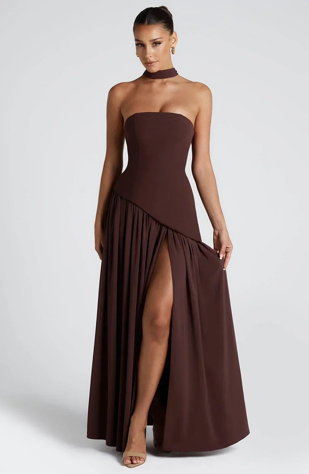 Women's Crepe Strapless Maxi Dress with Halter Tie and High Split - Maisie London