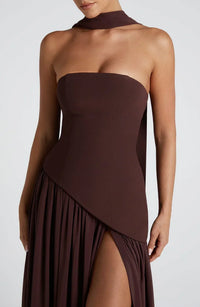 Women's Crepe Strapless Maxi Dress with Halter Tie and High Split - Maisie London