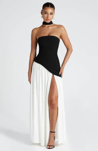 Women's Crepe Strapless Maxi Dress with Halter Tie and High Split - Maisie London