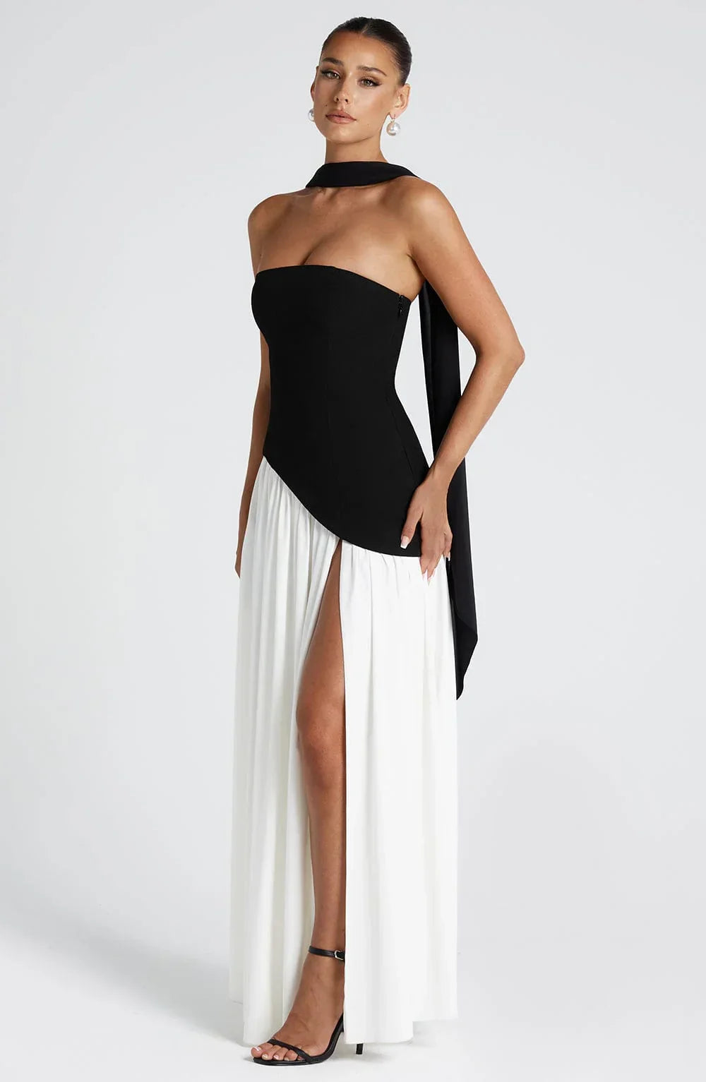 Women's Crepe Strapless Maxi Dress with Halter Tie and High Split - Maisie London