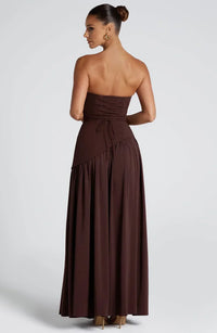 Women's Crepe Strapless Maxi Dress with Halter Tie and High Split - Maisie London
