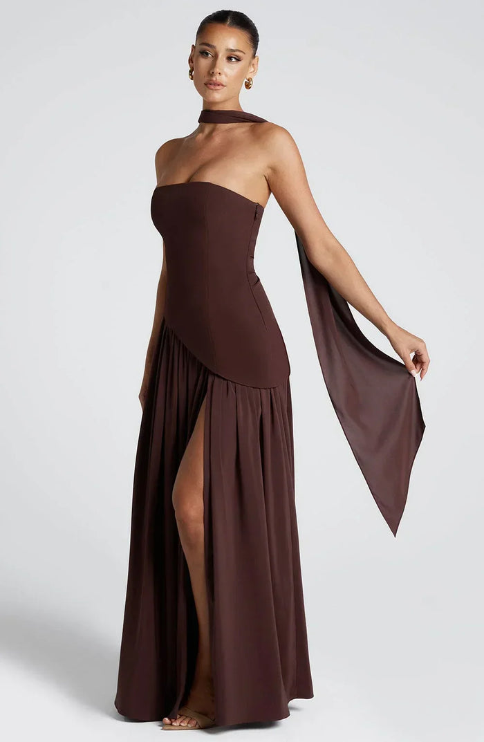 Women's Crepe Strapless Maxi Dress with Halter Tie and High Split - Maisie London