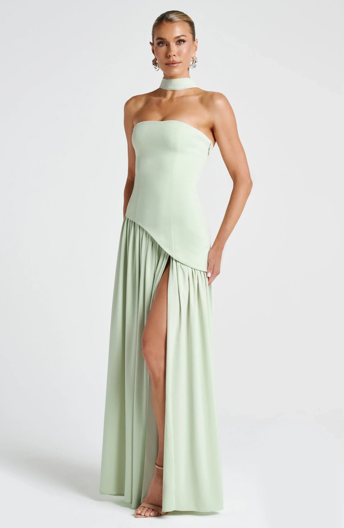 Women's Crepe Strapless Maxi Dress with Halter Tie and High Split - Maisie London
