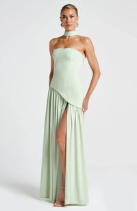Women's Crepe Strapless Maxi Dress with Halter Tie and High Split - Maisie London