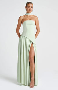 Women's Crepe Strapless Maxi Dress with Halter Tie and High Split - Maisie London
