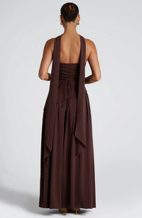 Women's Crepe Strapless Maxi Dress with Halter Tie and High Split - Maisie London