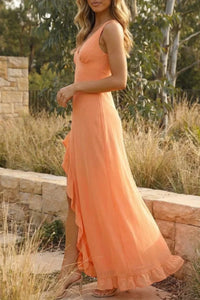 Women's Chiffon Maxi Dress with V-Neck and Ruffled Side Split - Maisie London