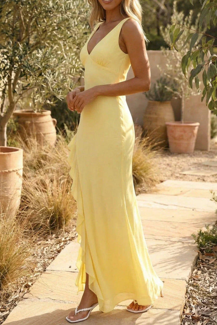 Women's Chiffon Maxi Dress with V-Neck and Ruffled Side Split - Maisie London