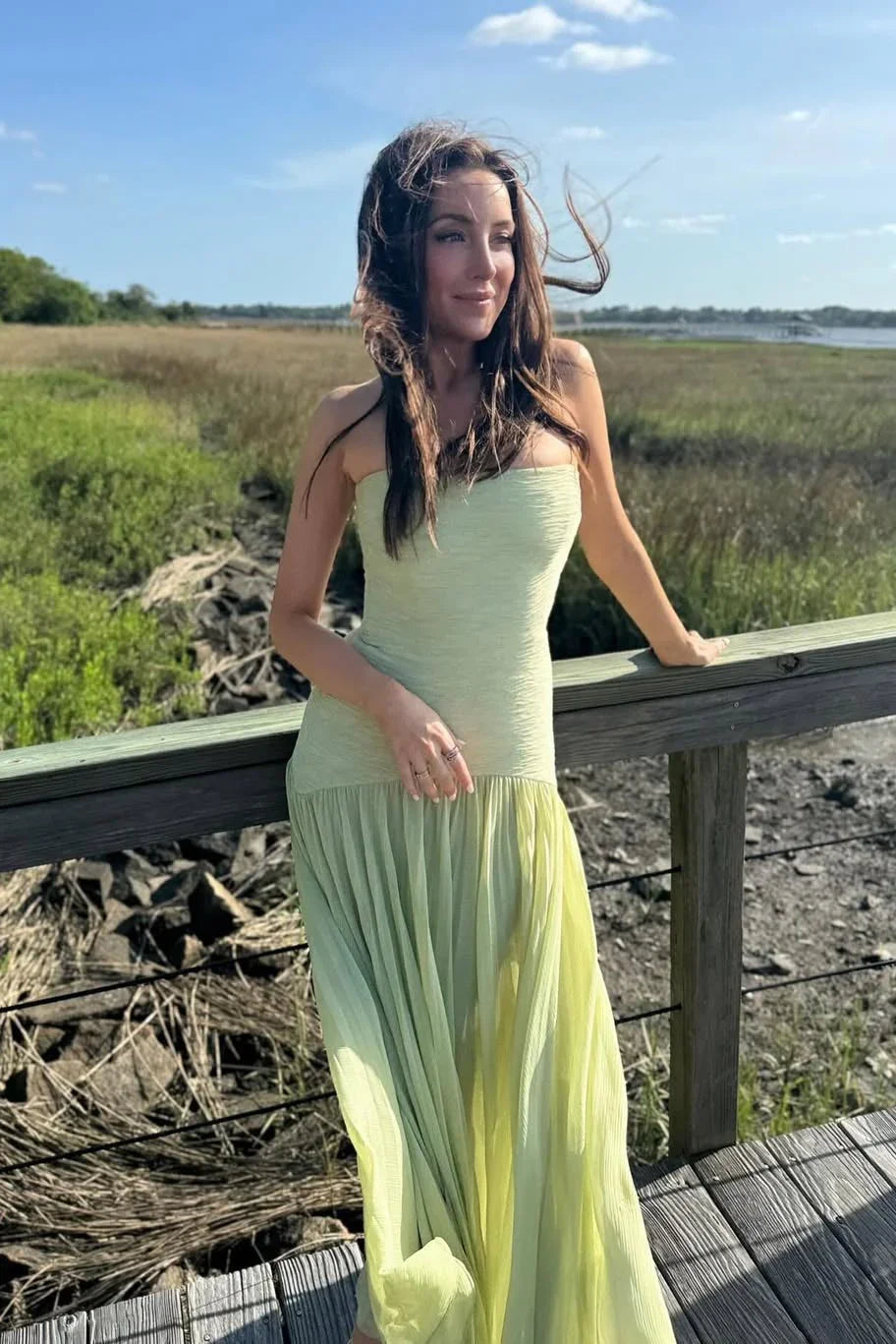 Women's Green Pleated Strapless Maxi Dress with Dropped Waist - Maisie London