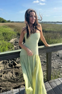 Women's Green Pleated Strapless Maxi Dress with Dropped Waist - Maisie London