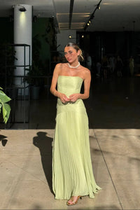 Women's Green Pleated Strapless Maxi Dress with Dropped Waist - Maisie London