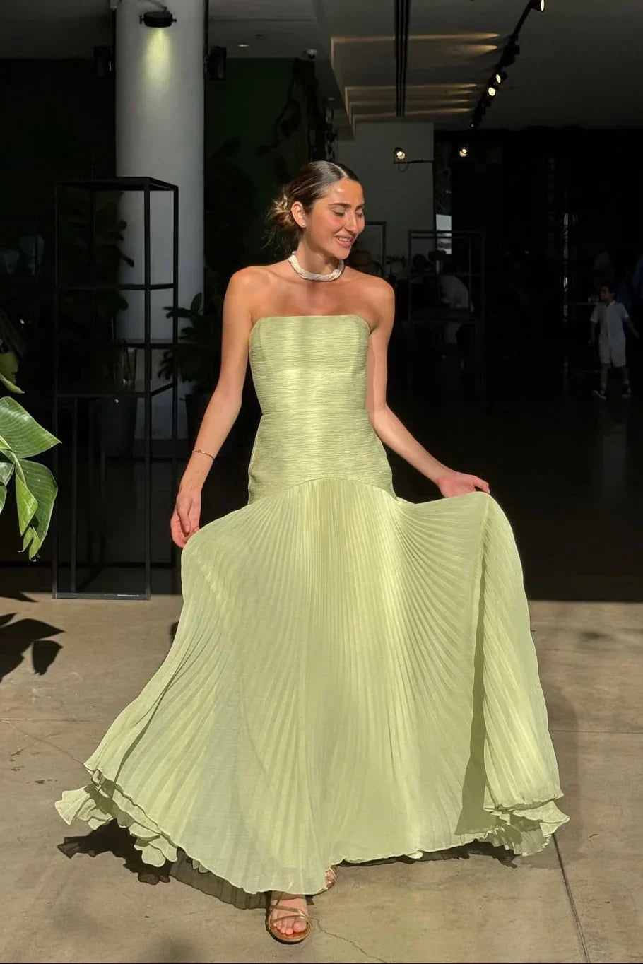 Women's Green Pleated Strapless Maxi Dress with Dropped Waist - Maisie London