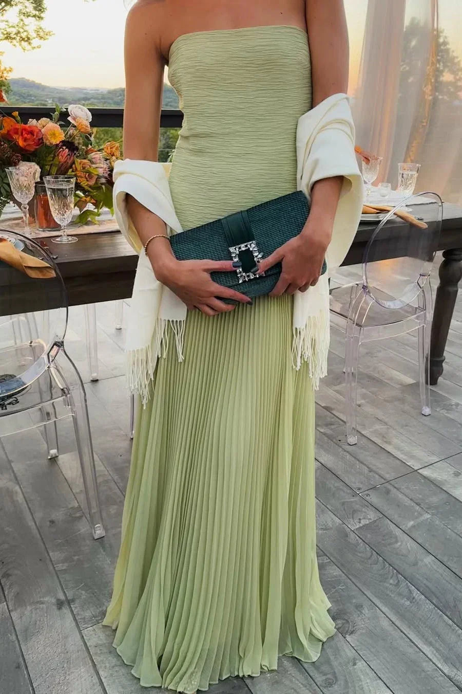 Women's Green Pleated Strapless Maxi Dress with Dropped Waist - Maisie London