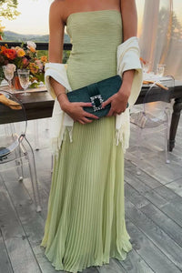 Women's Green Pleated Strapless Maxi Dress with Dropped Waist - Maisie London
