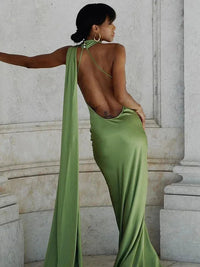 Women's Satin One-Shoulder Halter Maxi Dress with Cape and Train - Maisie London