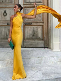 Women's Satin One-Shoulder Halter Maxi Dress with Cape and Train - Maisie London