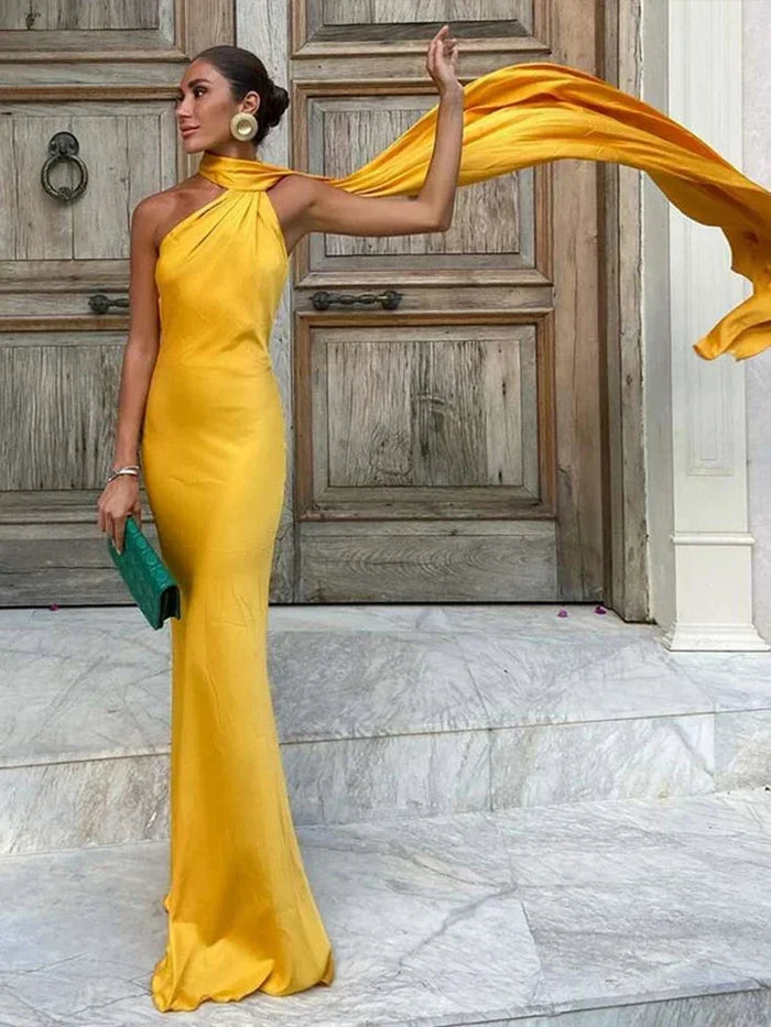 Women's Satin One-Shoulder Halter Maxi Dress with Cape and Train - Maisie London