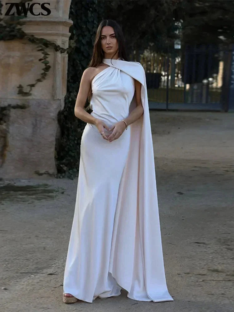 Women's Satin One-Shoulder Halter Maxi Dress with Cape and Train - Maisie London